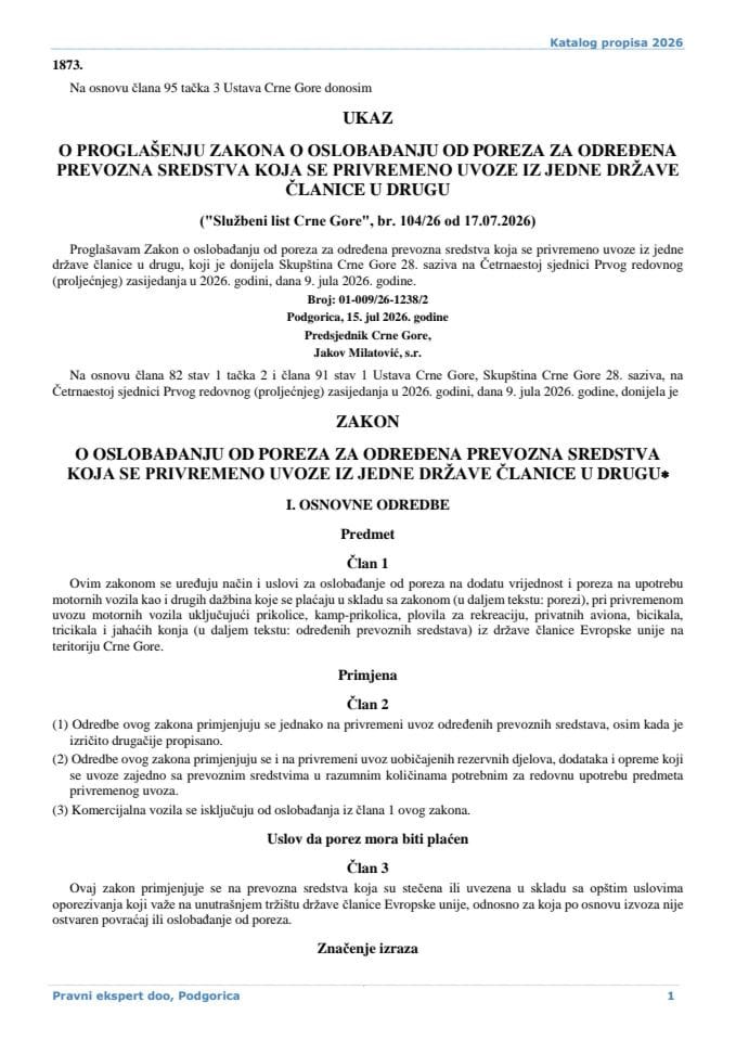 Zakon o oslobađanju od poreza za određena prevozna sredstva koja se privremeno uvoze iz jedne države članice u drugu