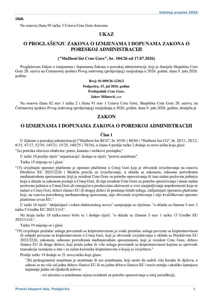 Zakon o izmjenama i dopunama Zakona o poreskoj administraciji