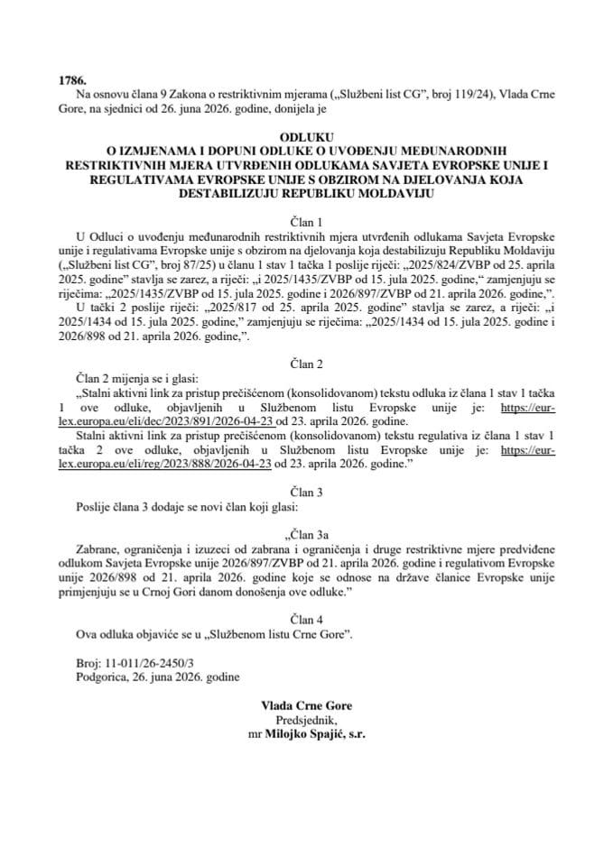Odluka o izmjenama i dopuni Odluke o uvođenju međunarodnih restriktivnih mjera utvrđenih odlukama Savjeta Evropske unije i regulativama Evropske unije s obzirom na djelovanja koja destabilizuju Republiku Moldaviju– s prevodima