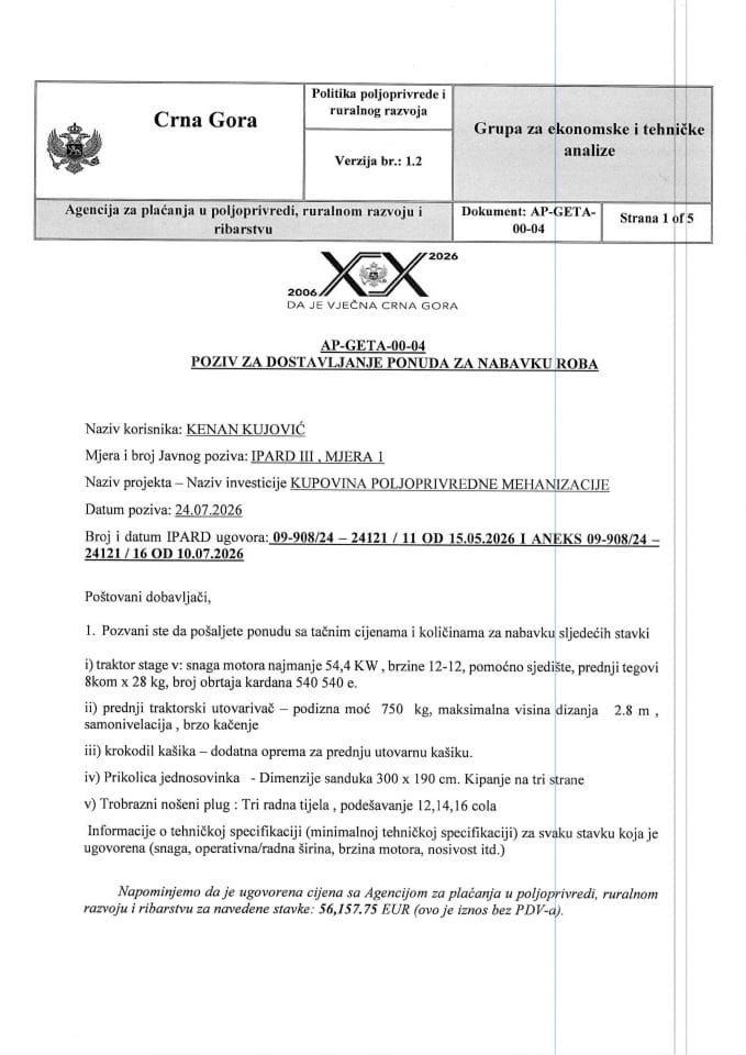 Poziv za dostavljanje ponuda za nabavku roba Kenan Kujović 