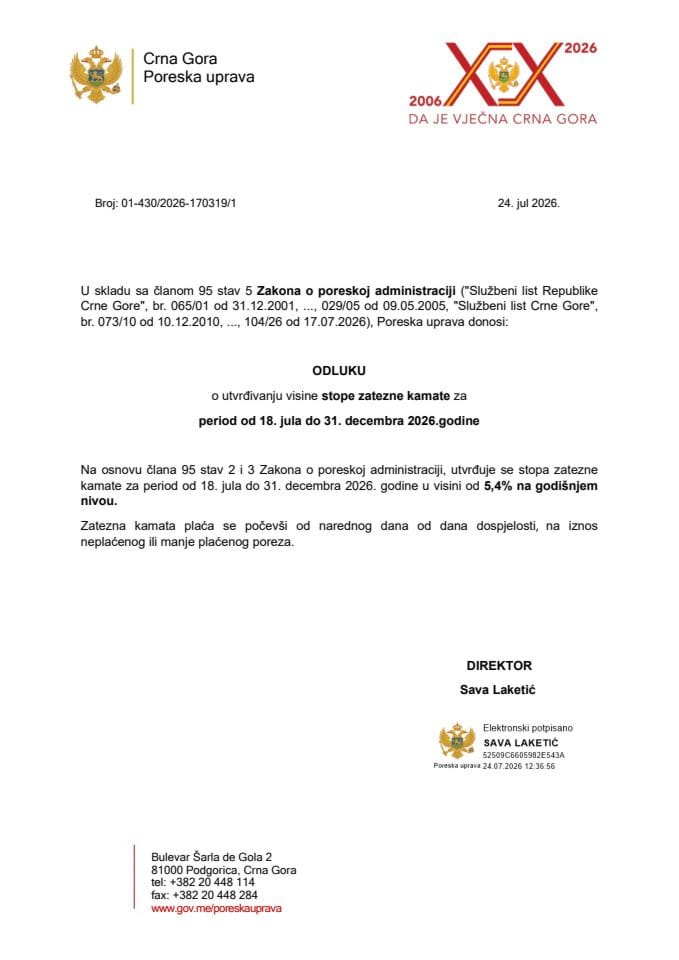 Odluka o utvrđivanju stope zatezne kamate za period od 18.jula do 31.decembra 2016. godine