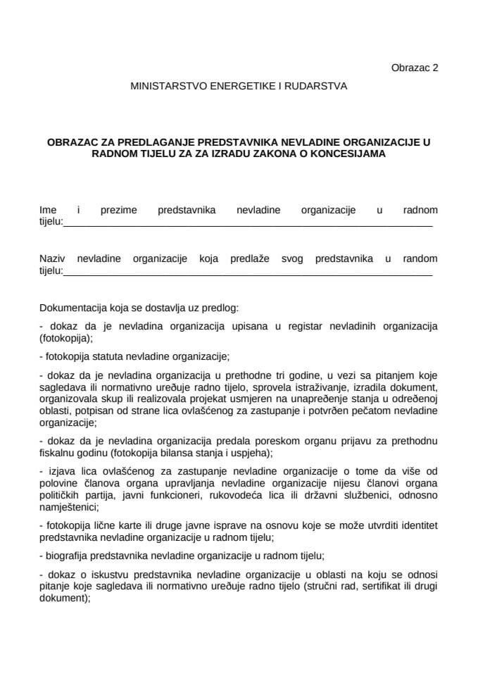 Obrazac 2 za predlaganje predstavnika nevladine organizacije u radnom tijelu