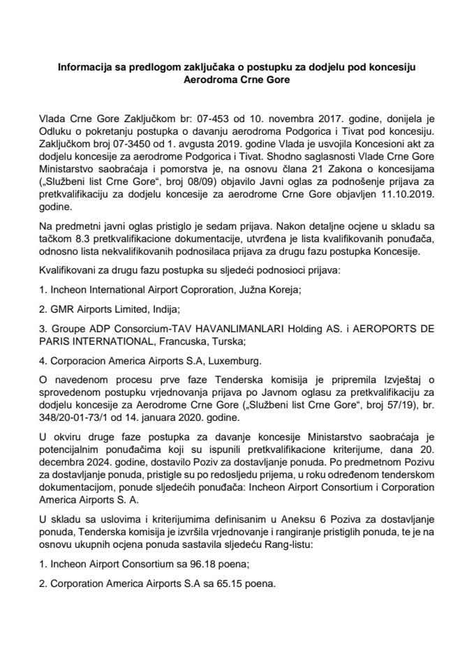 Informacija o postupku za dodjelu pod koncesiju Aerodroma Crne Gore s Predlogom odluke o poništenju javnog oglasa za dodjelu koncesije za aerodrome Podgorica i Tivat