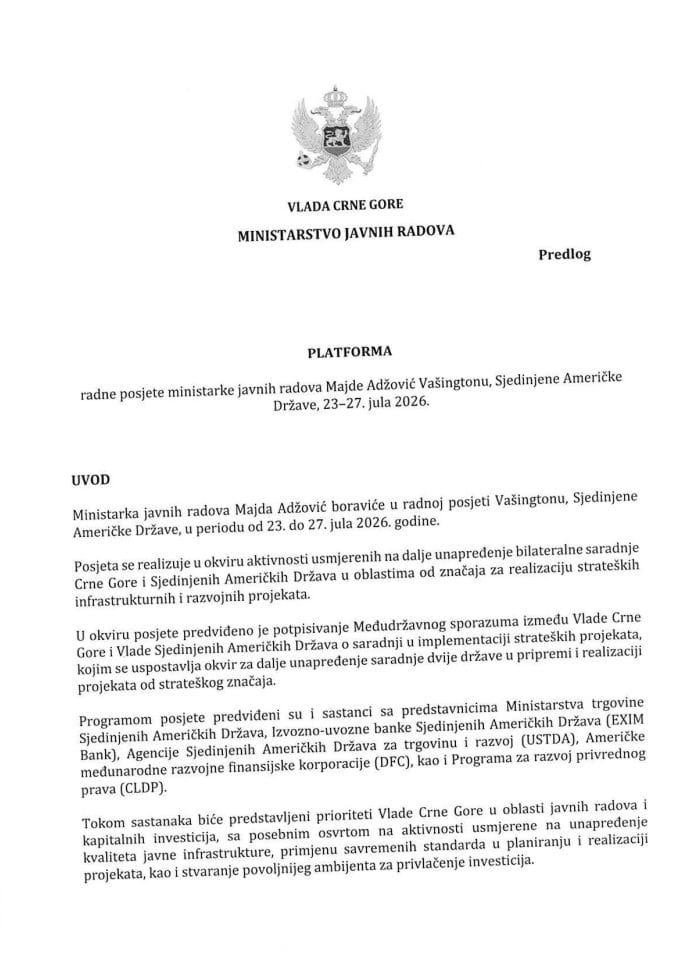 Predlog platforme radne posjete ministarke javnih radova Majde Adžović Vašingtonu, Sjedinjene Američke Države, 23-27. jula 2026. godine