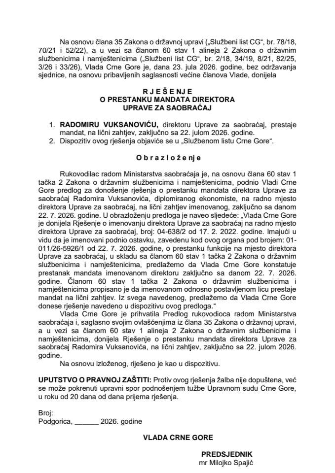 Predlog za prestanak mandata direktora Uprave za saobraćaj
