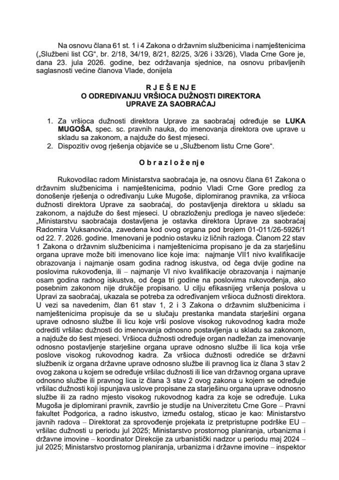 Predlog za određivanje vršioca dužnosti direktora Uprave za saobraćaj