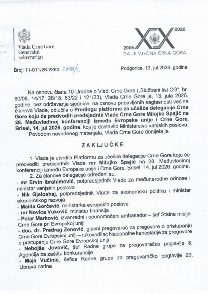 Predlog platforme za učešće delegacije Crne Gore koju će predvoditi predsjednik Vlade Crne Gore Milojko Spajić na 28. Međuvladinoj konferenciji između Evropske unije i Crne Gore, Brisel, 14. jul 2026. godine - Zaključci