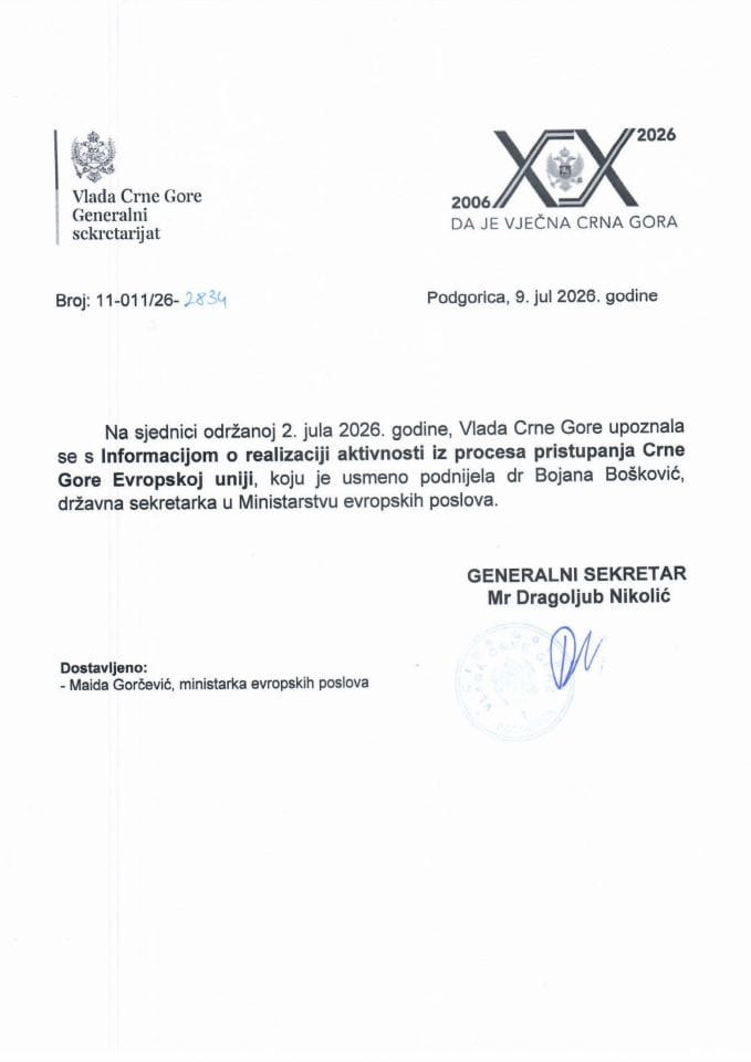 Usmena informacija o realizaciji aktivnosti iz procesa pristupanja Crne Gore Evropskoj uniji - Zaključci
