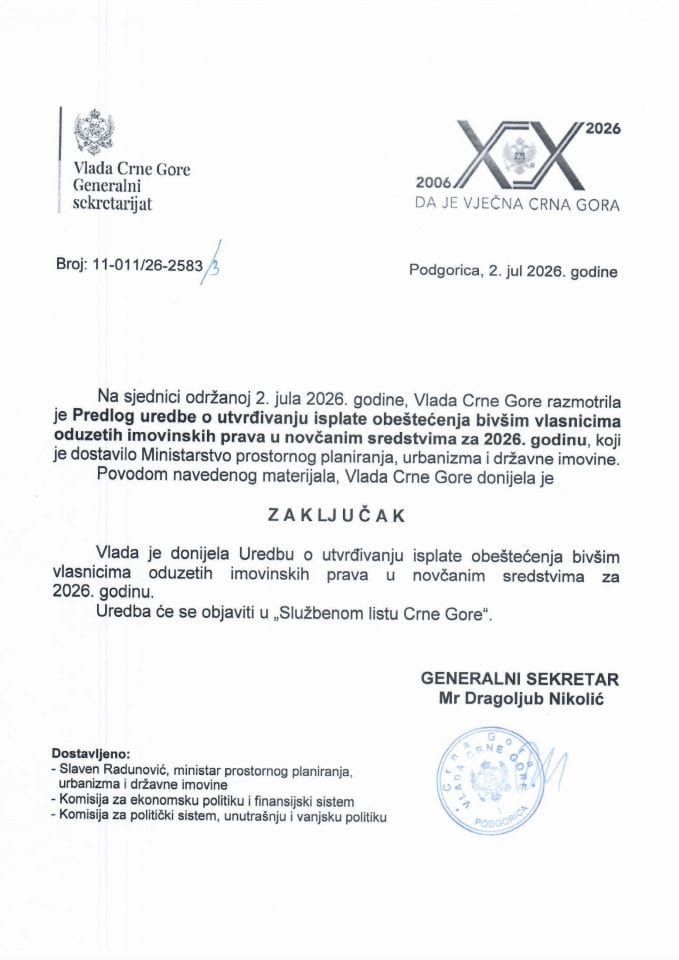 Predlog uredbe o utvrđivanju isplate obeštećenja bivšim vlasnicima oduzetih imovinskih prava u novčanim sredstvima za 2026. godinu - Zaključci