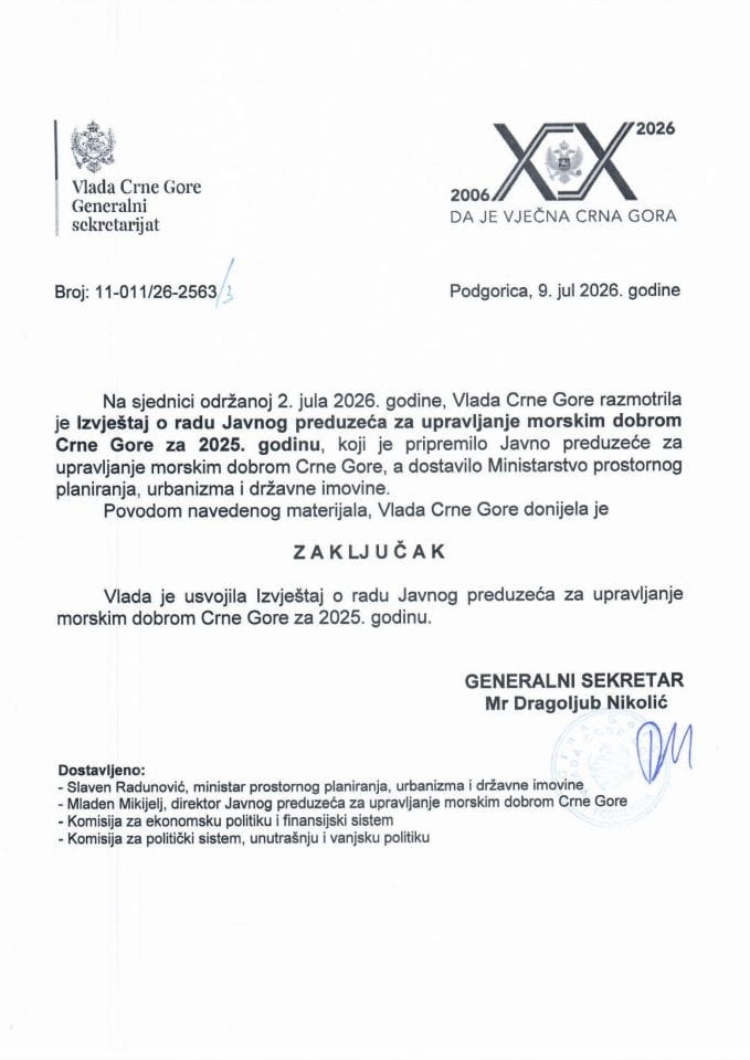 Izvještaj o radu Javnog preduzeća za upravljanje morskim dobrom Crne Gore za 2025. godinu - Zaključci