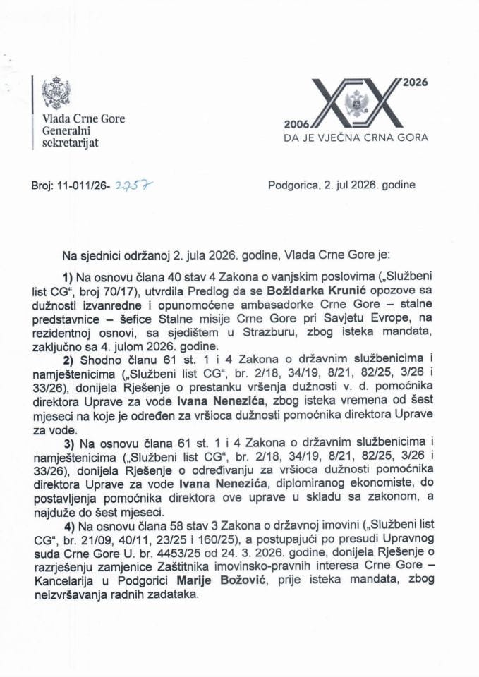 Kadrovska pitanja - 133. sjednica Vlade Crne Gore - Zaključci
