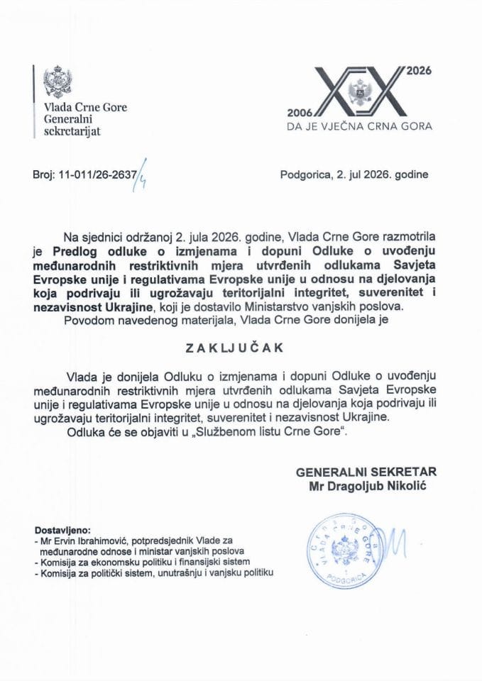 Predlog odluke o izmjenama i dopuni Odluke o uvođenju međunarodnih restriktivnih mjera utvrđenih odlukama Savjeta EU i regulativama EU u odnosu na djelovanja koja podrivaju ili ugrožavaju teritorijalni integritet Ukrajine - Zaključci