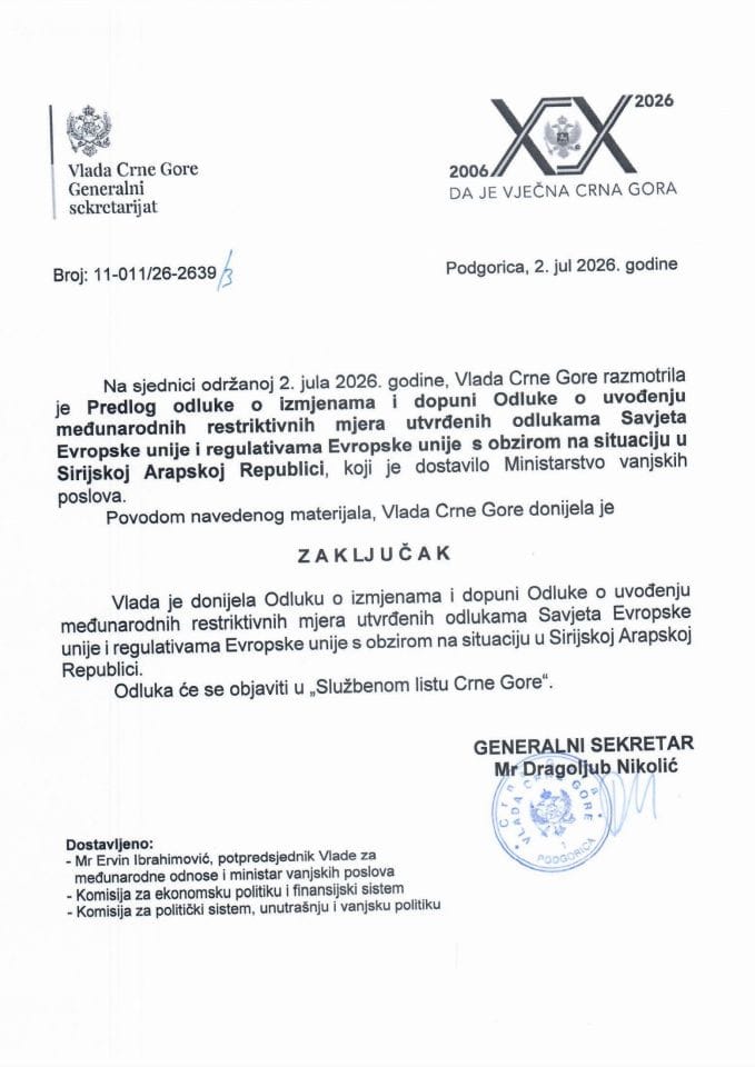 Predlog odluke o izmjenama i dopuni Odluke o uvođenju međunarodnih restriktivnih mjera utvrđenih odlukama Savjeta Evropske unije i regulativama Evropske unije s obzirom na situaciju u Sirijskoj Arapskoj Republici - Zaključci