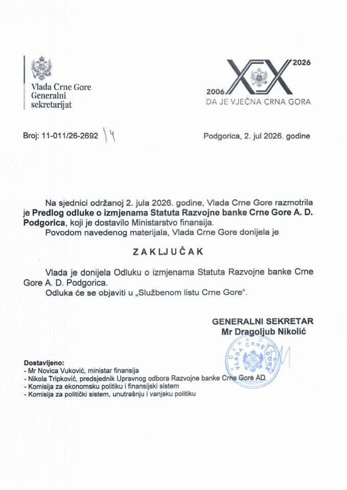 Predlog odluke o izmjenama Statuta Razvojne banke Crne Gore A.D. Podgorica - Zaključci