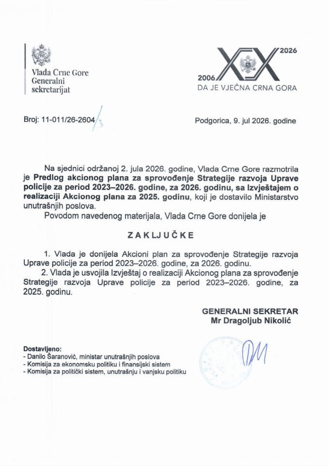 Predlog akcionog plana za sprovođenje Strategije razvoja Uprave policije za period 2023-2026. godine, za 2026. godinu, sa Izvještajem o realizaciji Akcionog plana za 2025. godinu - Zaključci