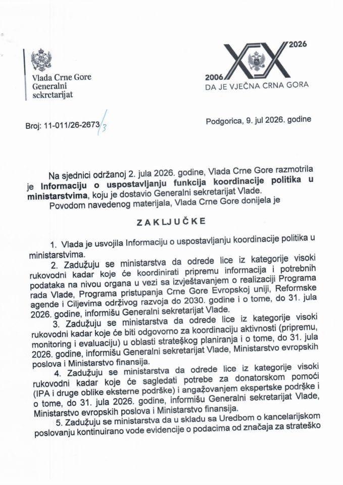 Informacija o uspostavljanju funkcija koordinacije politika u ministarstvima - Zaključci