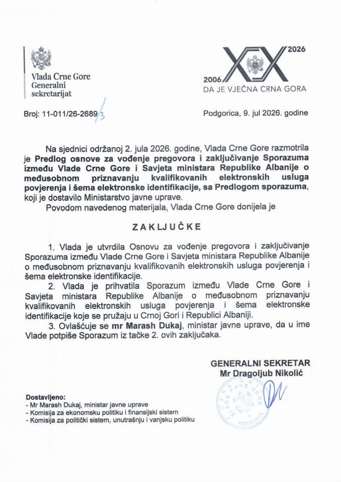 Predlog osnove za vođenje pregovora i zaključivanje Sporazuma između Vlade Crne Gore i Savjeta ministara Republike Albanije o međusobnom priznavanju kvalifikovanih elektronskih usluga povjerenja i šema elektronske identifikacije - Zaključci