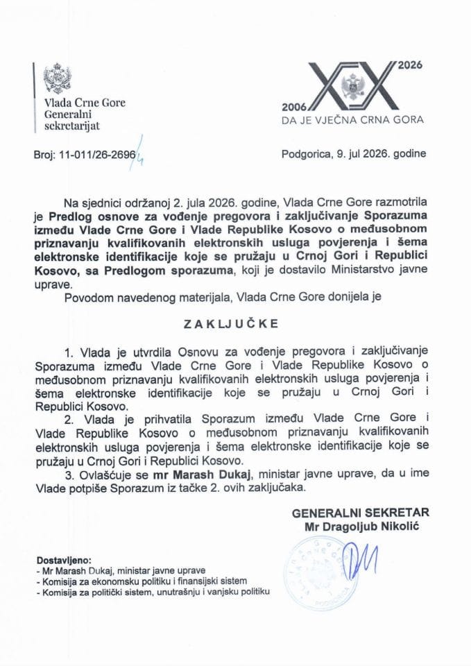 Predlog osnove za vođenje pregovora i zaključivanje Sporazuma između Vlade CG i Vlade Republike Kosovo o međusobnom priznavanju kvalifikovanih elektronskih usluga povjerenja i šema elektronske identifikacije koje se pružaju u CG i RK - Zaključci