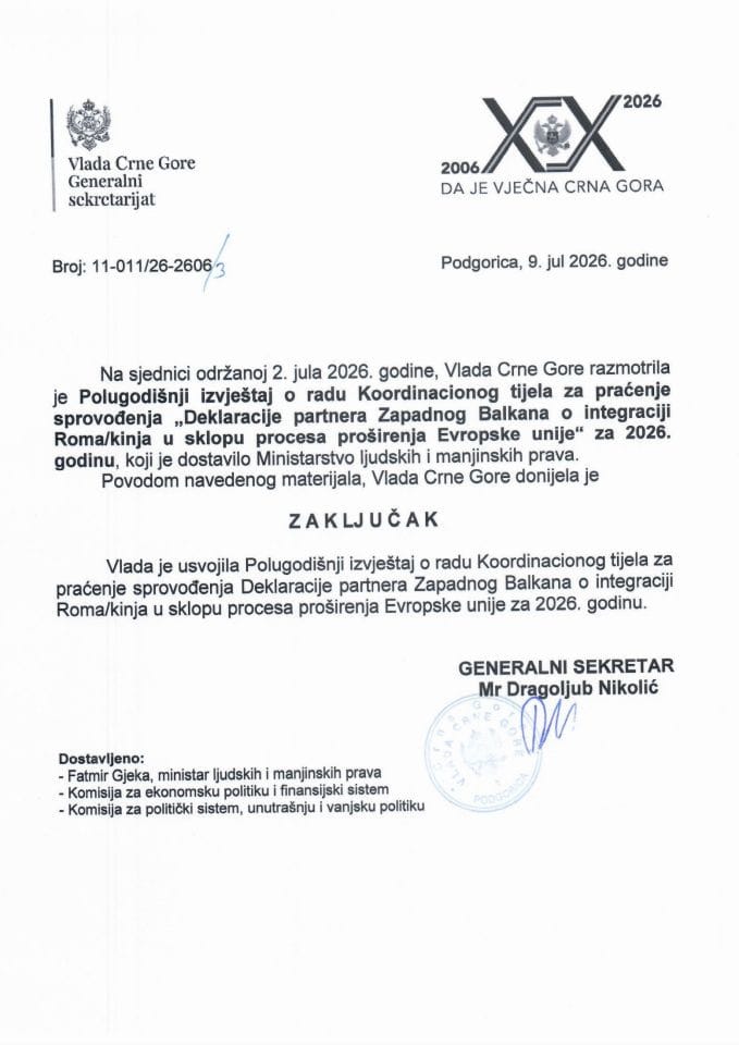 Polugodišnji izvještaj o radu Koordinacionog tijela za praćenje sprovođenja Deklaracije partnera Zapadnog Balkana o integraciji Roma/kinja u sklopu procesa proširenja Evropske unije za 2026. godinu - Zaključci