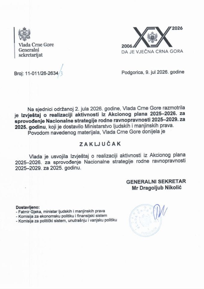 Izvještaj o realizaciji aktivnosti iz Akcionog plana 2025-2026 za sprovođenje Nacionalne strategije rodne ravnopravnosti 2025-2029. za 2025. godinu - Zaključci