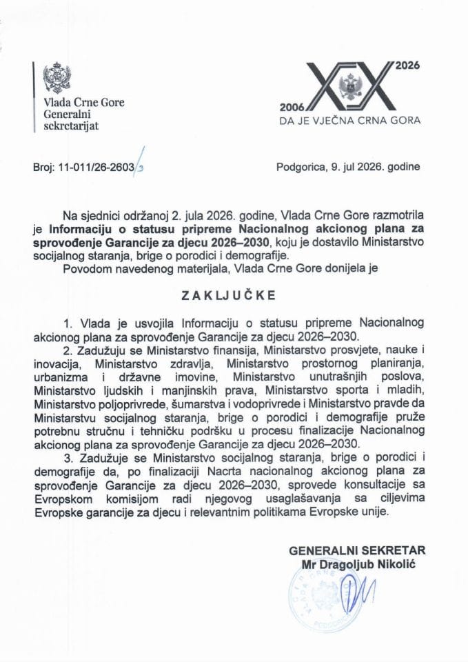 Informacija o statusu pripreme Nacionalnog akcionog plana za sprovođenje Garancije za djecu 2026-2030. - Zaključci