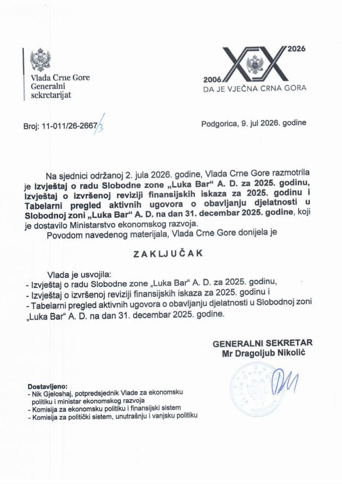 Izvještaj o radu Slobodne zone „Luka Bar“ AD za 2025. godinu, Izvještaj o izvršenoj reviziji finansijskih iskaza za 2025. godinu - Zaključci