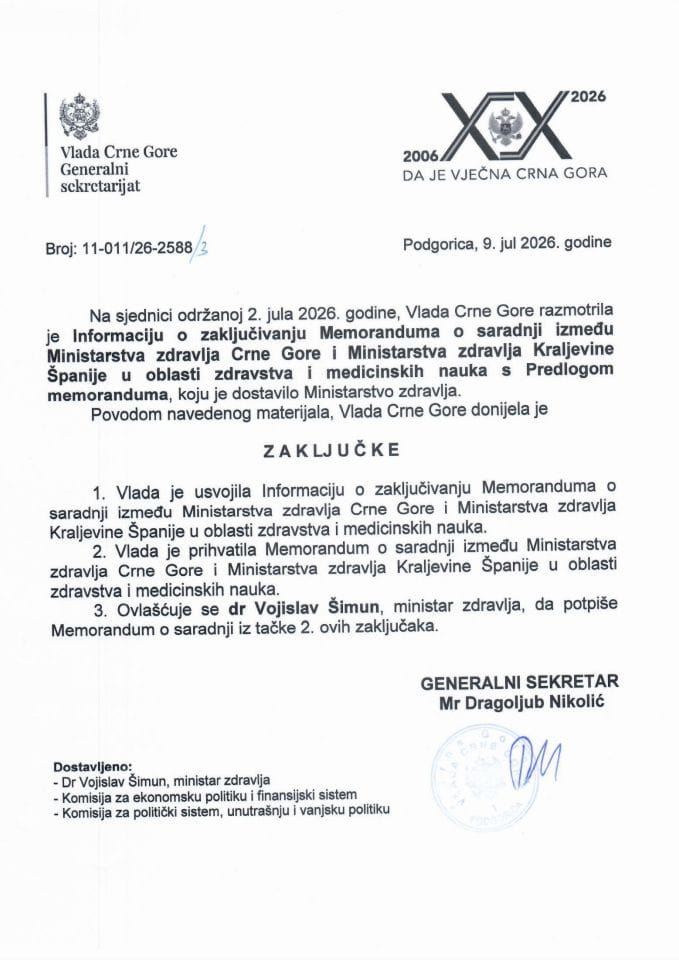 Informacija o zaključivanju Memoranduma o saradnji između Ministarstva zdravlja Crne Gore i Ministarstva zdravlja Kraljevine Španije u oblasti zdravstva i medicinskih nauka s Predlogom memoranduma - Zaključci
