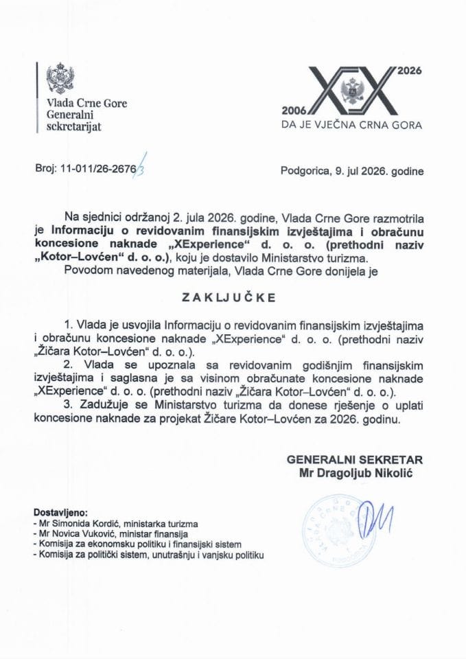 Informacija o revidovanim finansijskim izvještajima i obračunu koncesione naknade „XExperience“ d.o.o. (prethodni naziv „Žičara Kotor – Lovćen“ d.o.o.) - Zaključci