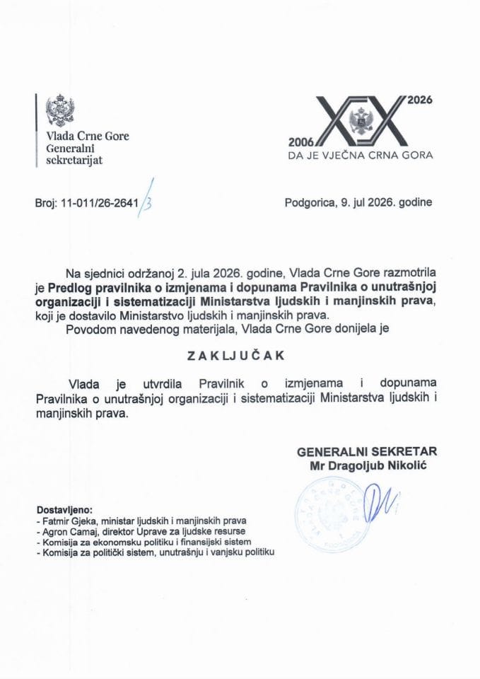 Predlog pravilnika o izmjenama i dopunama Pravilnika o unutrašnjoj organizaciji i sistematizaciji Ministarstva ljudskih i manjinskih prava - Zaključci