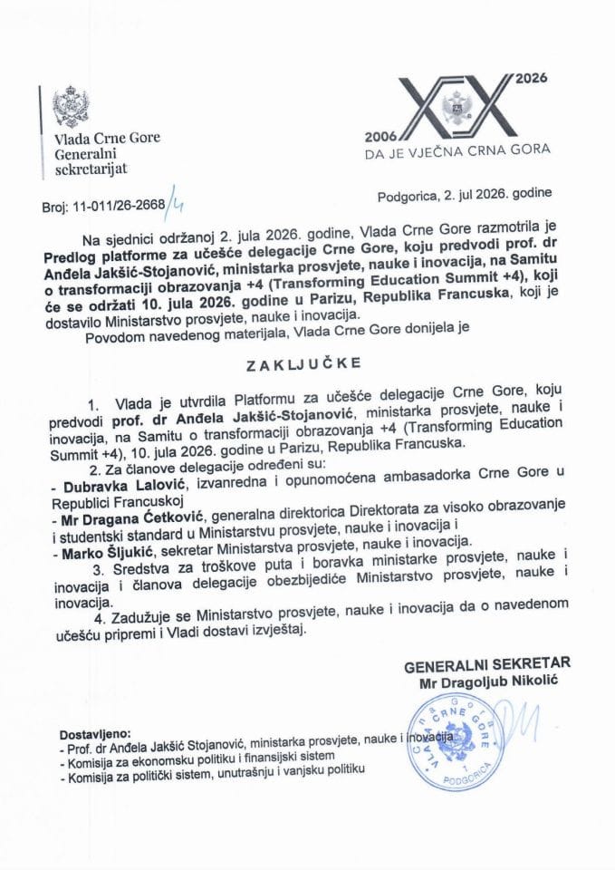 Predlog platforme za učešće delegacije Crne Gore, koju predvodi prof. dr Anđela Jakšić-Stojanović, ministarka prosvjete, nauke i inovacija, na Samitu o transformaciji obrazovanja +4 u Parizu, Republika Francuska - Zaključci