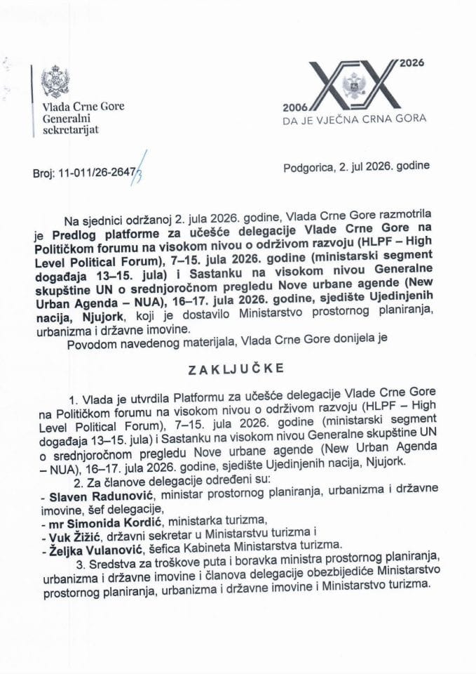 Predlog platforme za učešće delegacije Vlade Crne Gore na Političkom forumu na visokom nivou o održivom razvoju (HLPF - High Level Political Forum), 7-15. jul 2026. godine - Zaključci