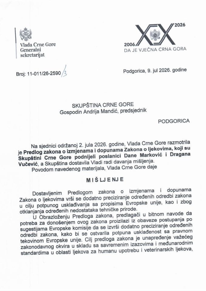 Predlog mišljenja na Predlog zakona o izmjenama i dopunama Zakona o ljekovima (predlagači poslanici Dane Marković i Dragana Vučević) - Zaključci