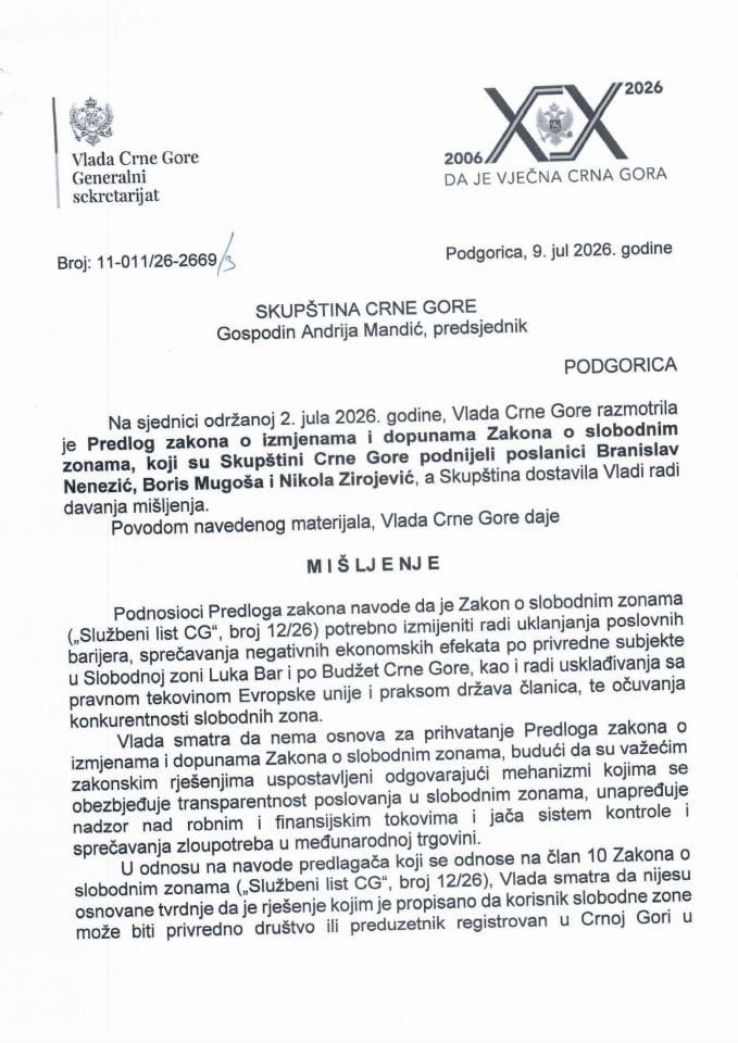 Predlog mišljenja na Predlog zakona o izmjenama i dopuni Zakona o slobodnim zonama (predlagači poslanici: Branislav Nenezić, Boris Mugoša i Nikola Zirojević) - Zaključci