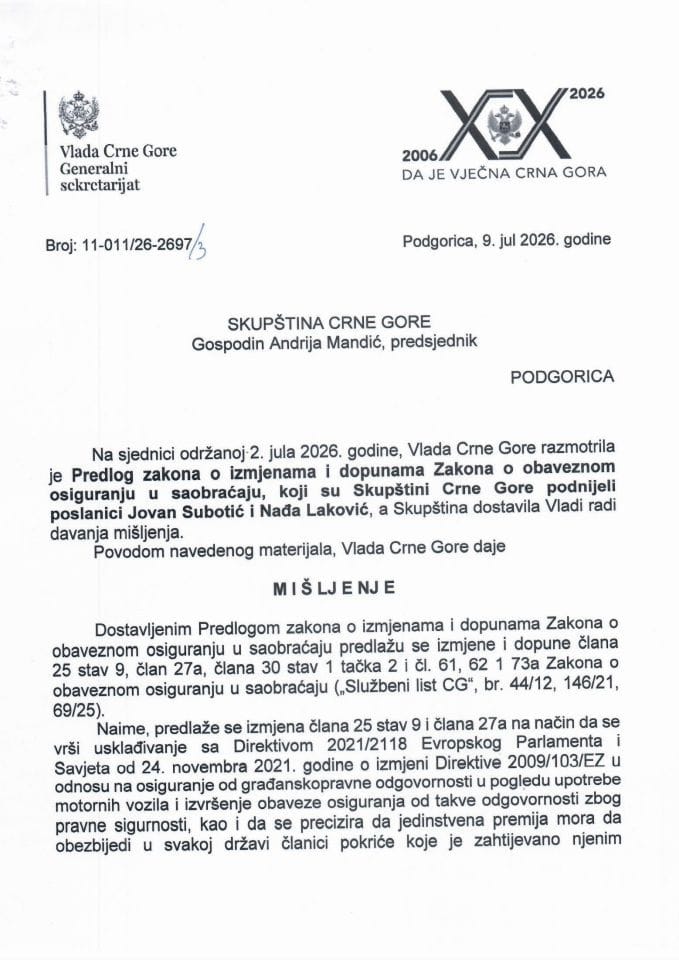 Predlog mišljenja na Predlog zakona o izmjenama i dopunama Zakona o obaveznom osiguranju u saobraćaju (predlagači poslanici Jovan Subotić i Nađa Laković) - Zaključci