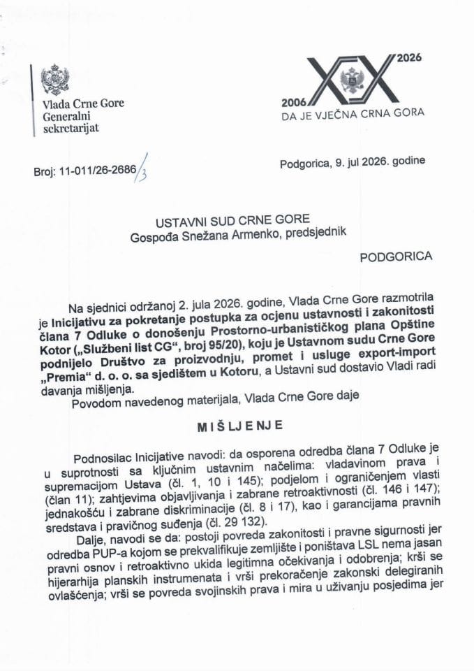 Predlog mišljenja na Inicijativu za pokretanje postupka za ocjenu ustavnosti i zakonitosti člana 7 Odluke o donošenju Prostorno - urbanističkog plana Opštine Kotor - Zaključci