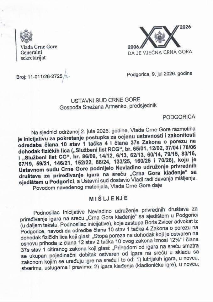 Predlog mišljenja na Inicijativu za pokretanje postupka za ocjenu ustavnosti i zakonitosti odredaba člana 10 stav 1 tačka 4 i člana 37s Zakona o porezu na dohodak fizičkih lica -Zaključci