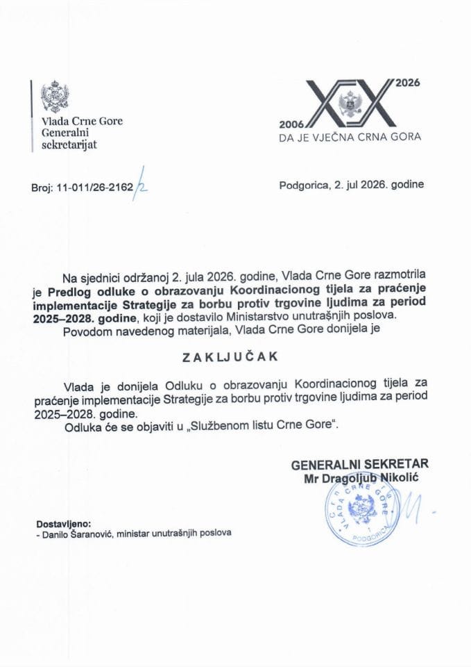 Predlog odluke o obrazovanju Koordinacionog tijela za praćenje implementacije Strategije za borbu protiv trgovine ljudima za period 2025-2028. godine - Zaključci