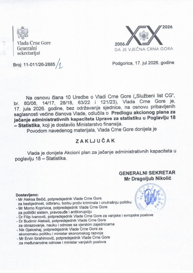 Predlog akcionog plana za jačanje administrativnih kapaciteta Uprave za statistiku u Poglavlju 18 – Statistika - Zaključci