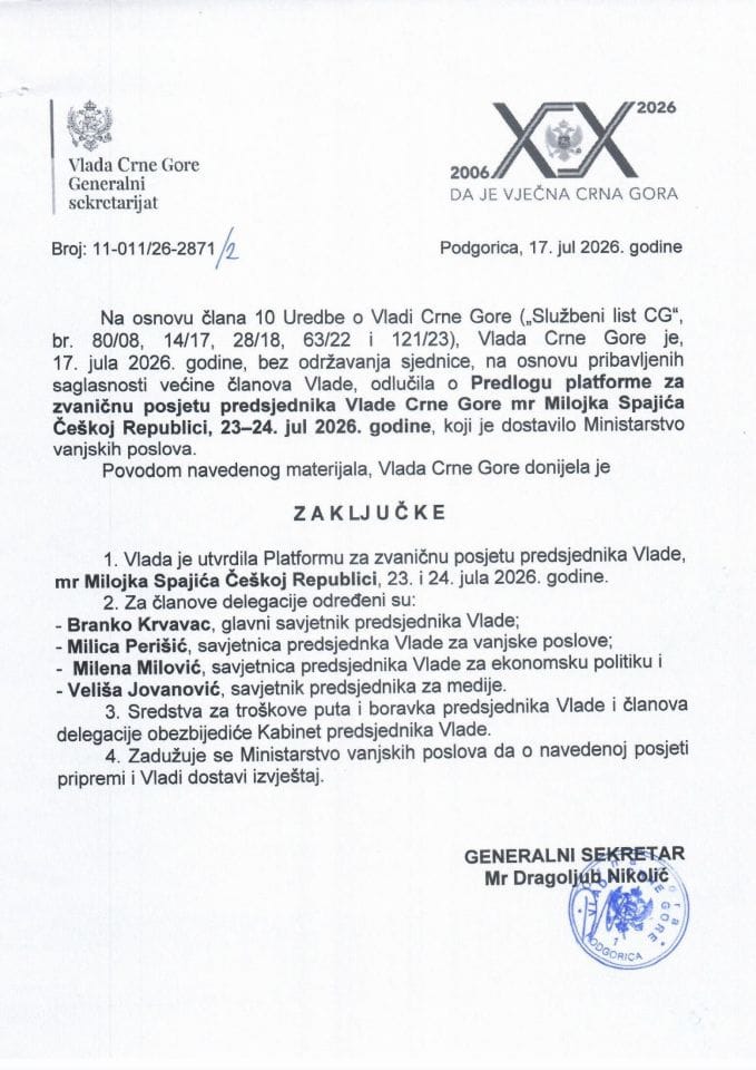 Predlog platforme za zvaničnu posjetu predsjednika Vlade Crne Gore mr Milojka Spajića Češkoj Republici, 23-24. jul 2026. godine - Zaključci