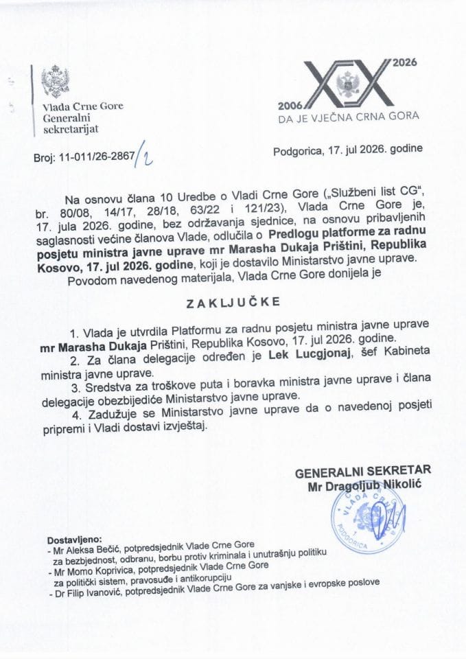 Predlog platforme za radnu posjetu ministra javne uprave mr Marasha Dukaja Prištini, Republika Kosovo, 17. jul 2026. godine - Zaključci