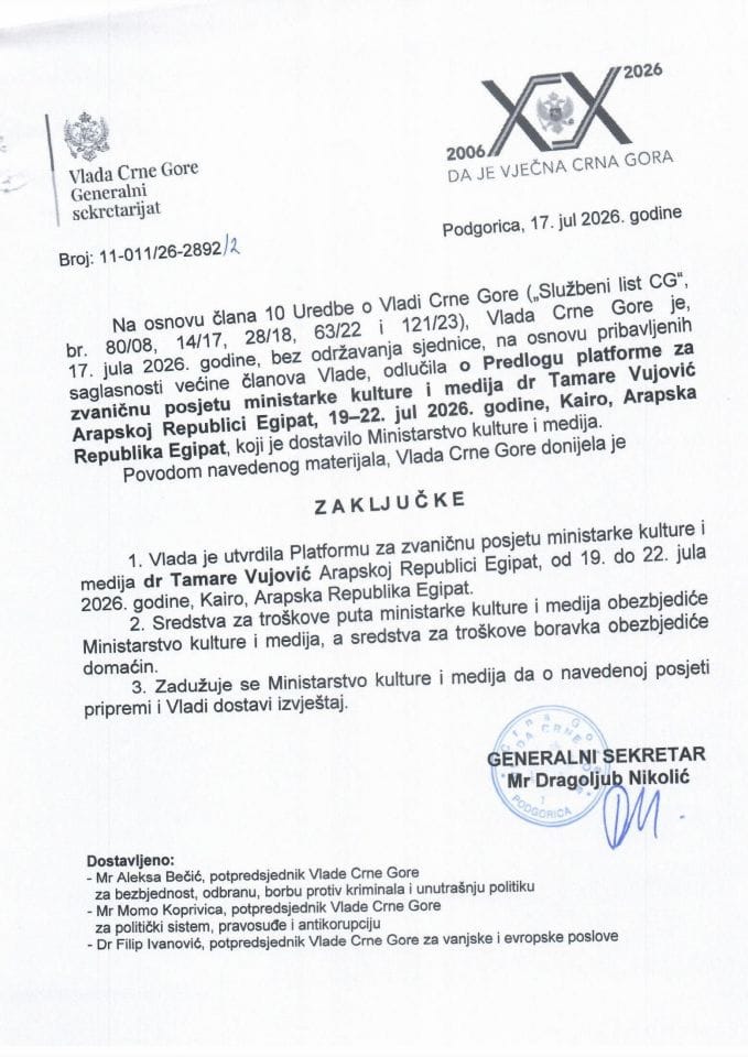 Predlog platforme za zvaničnu posjetu ministarke kulture i medija dr Tamare Vujović Arapskoj Republici Egipat, 19-22. jul 2026. godine, Kairo, Arapska Republika Egipat - Zaključci