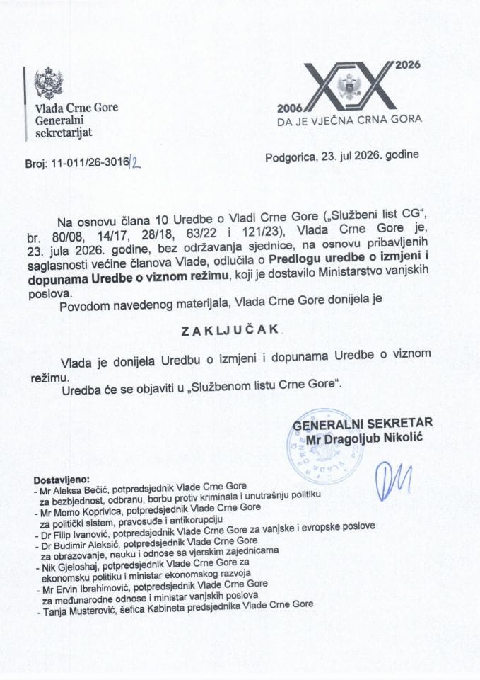 Predlog uredbe o izmjeni i dopunama Uredbe o viznom režimu - Zaključci