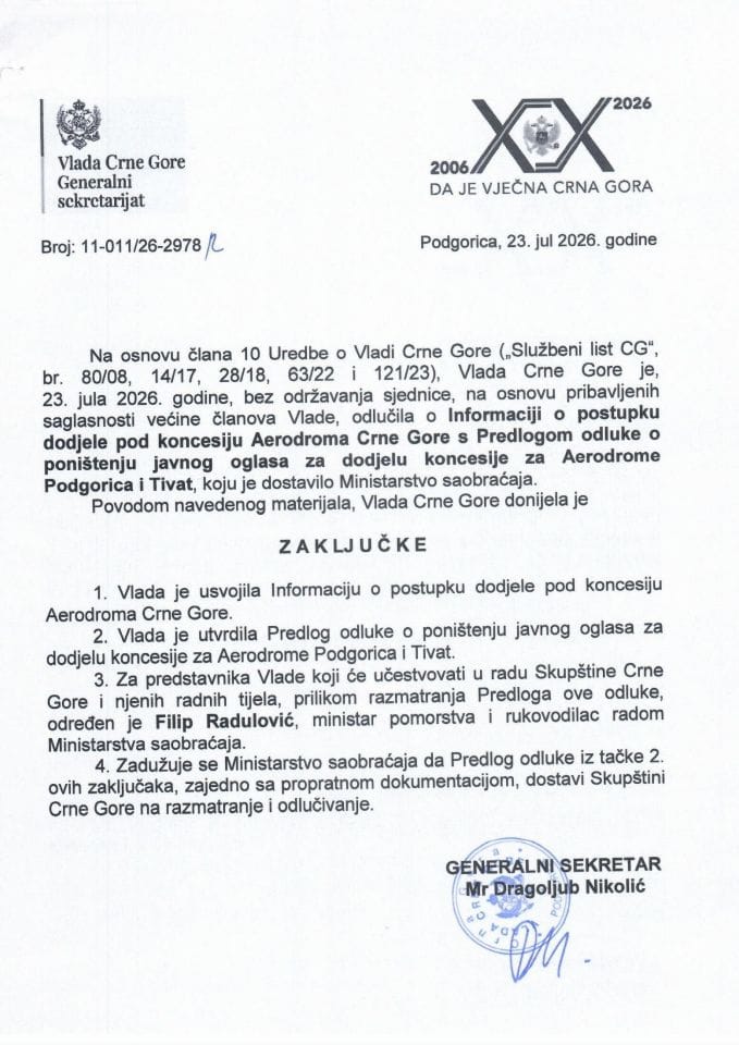 Informacija o postupku za dodjelu pod koncesiju Aerodroma Crne Gore s Predlogom odluke o poništenju javnog oglasa za dodjelu koncesije za aerodrome Podgorica i Tivat - Zaključci