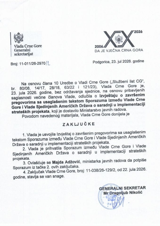 Izvještaj o završenim pregovorima sa usaglašenim tekstom Sporazuma između Vlade Crne Gore i Vlade Sjedinjenih Američkih Država o saradnji u implementaciji strateških projekata - Zaključci