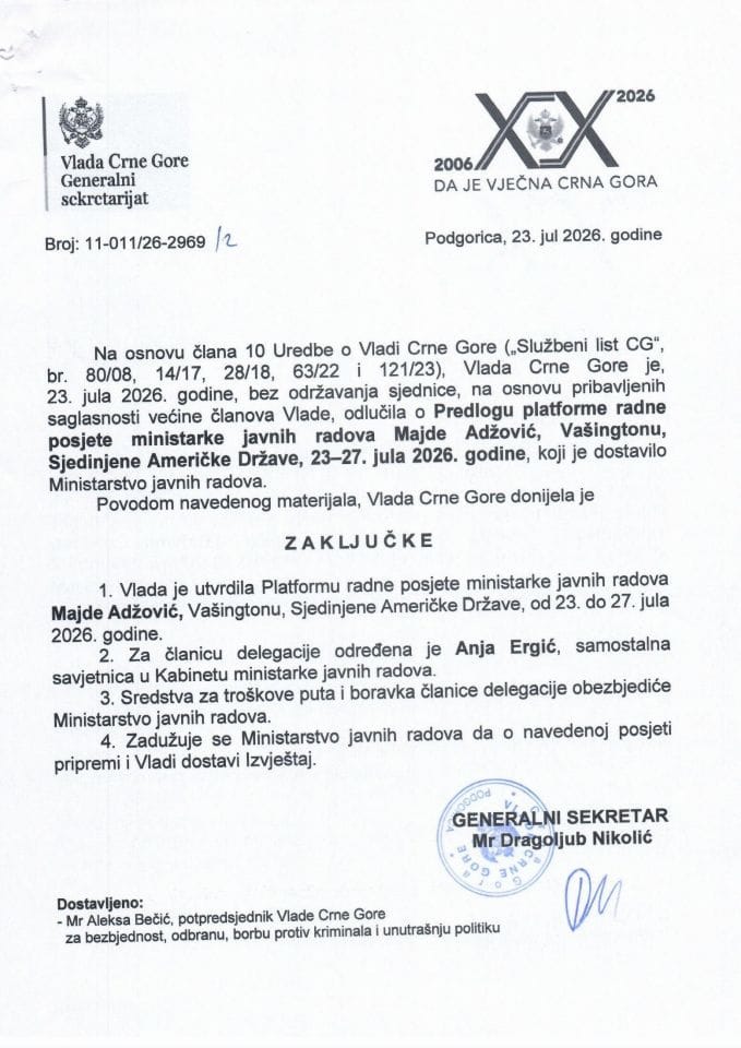 Predlog platforme radne posjete ministarke javnih radova Majde Adžović Vašingtonu, Sjedinjene Američke Države, 23-27. jula 2026. godine - Zaključci