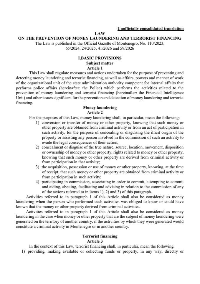 LAW ON THE PREVENTION OF MONEY LAUNDERING AND TERRORIST FINANCING - Unofficially consolidated translation