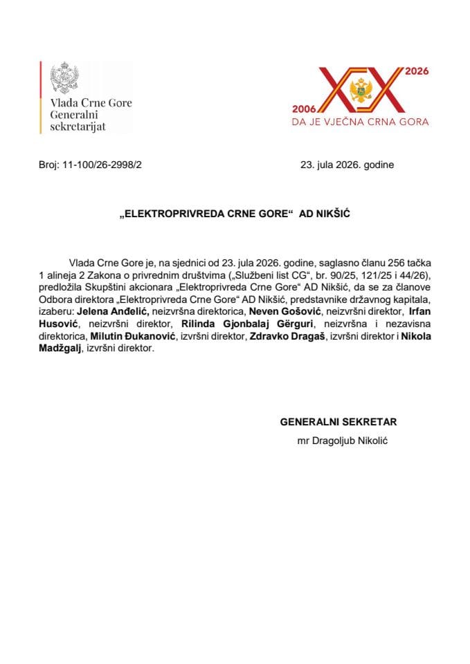 Предлог за избор чланова Одбора директора „Електропривреде Црне Горе“ АД Никшић