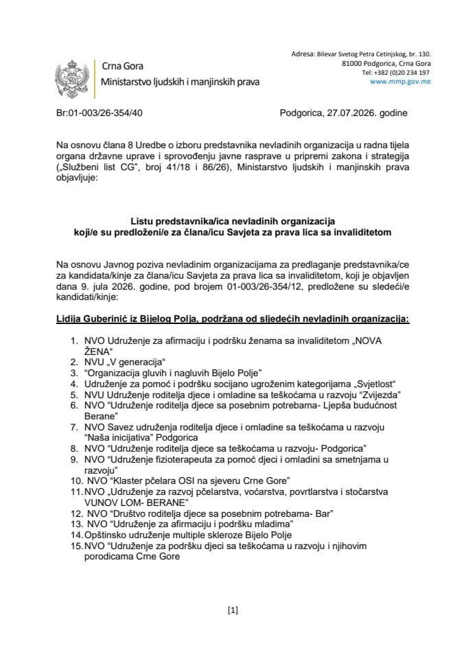 Lista predstavnika/ica NVO koji/e su predloženi/e za člana/icu Savjeta za prava lica sa invaliditetom