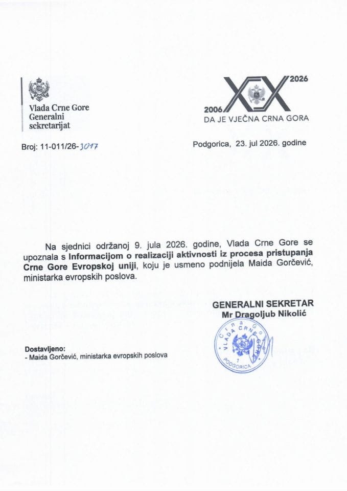 Usmena informacija o realizaciji aktivnosti iz procesa pristupanja Crne Gore Evropskoj uniji - Zaključci