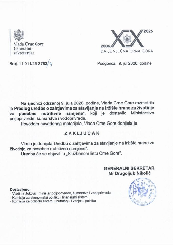 Predlog uredbe o zahtjevima za stavljanje na tržište hrane za životinje za posebne nutritivne namjene* - Zaključci